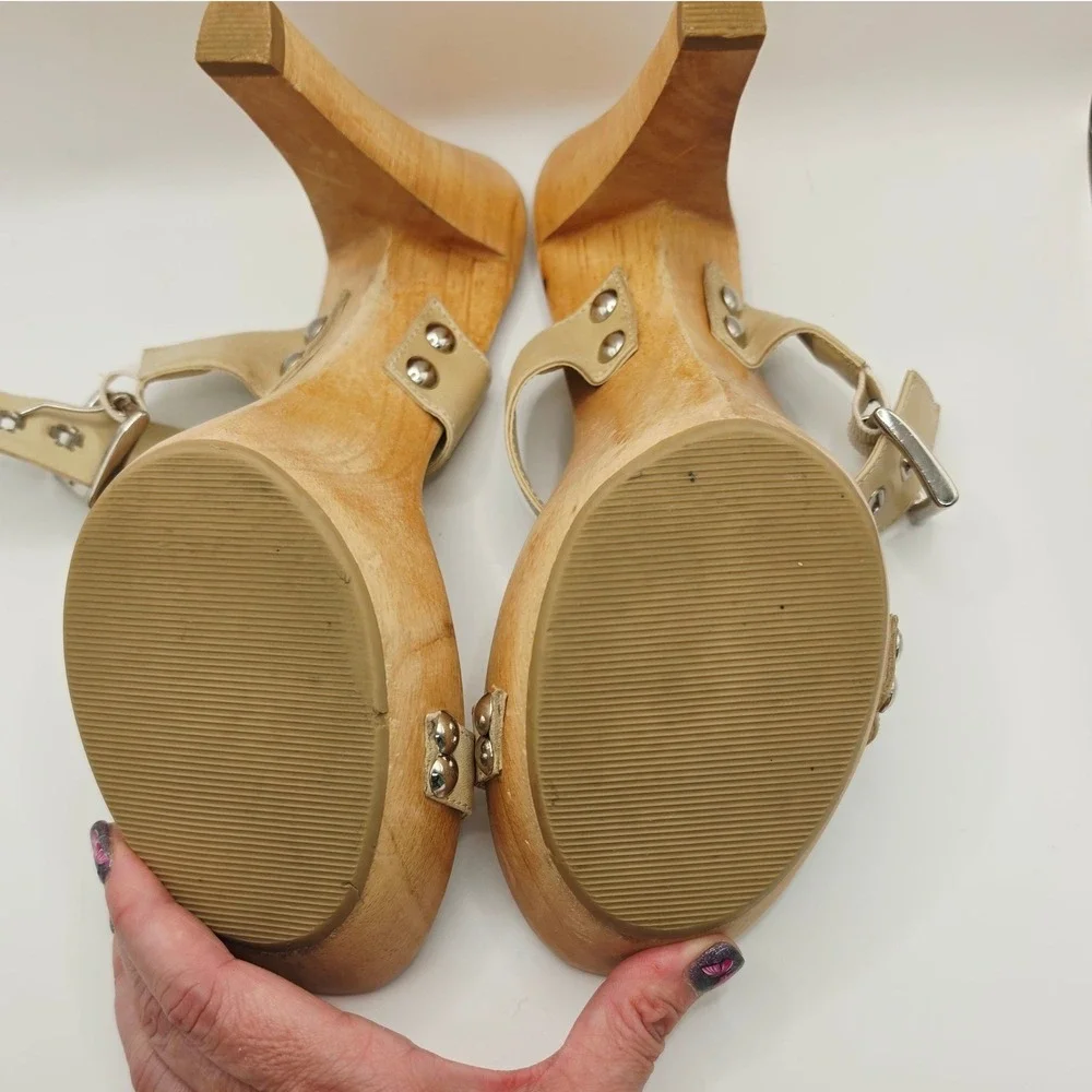 Steve Madden Staci Platform Sandals Womens 10B Beige Wood Leather Buckle Slides